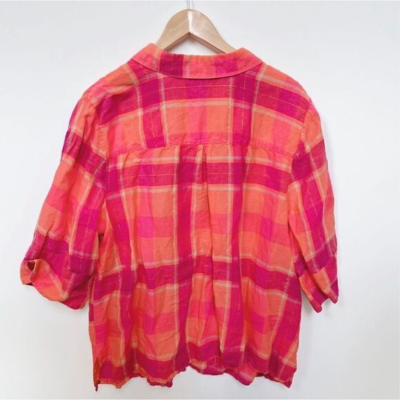 Catherines Linen Blend Plaid Button Up Shirt Top Pink Coral Gold size 1X - Picture 2 of 11
